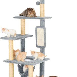 TSCOMON 55" Cat Tree for Indoor Cats with Green Leaves, Multi-Level Large Cat Tower for Indoor Cats with Hammock, Plush Cat House with Hang Ball Toy and Cat Sisal Scratching Posts Cat Furniture, Grey