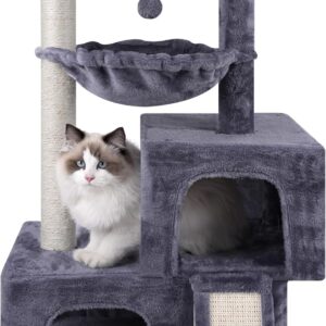 TWDEPART Cat Tree Tower for Indoor Cats, Activity Centre Cat Tower with Two Cat Condos Hammock and Scratching Posts, Grey…