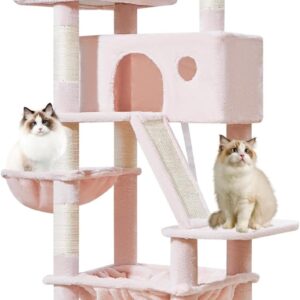 Taoqimiao 57.5-Inch Cat Tree for Large Cats, Plush Multi-Level Cat Condo with 8 Scratching Posts, 2 Perches, Cave, Hammock, 2 Pompoms, scratch board for Indoor Cats -MS026P Jelly Pink