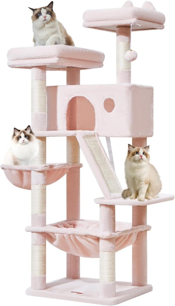 Taoqimiao 57.5-Inch Cat Tree for Large Cats, Plush Multi-Level Cat Condo with 8 Scratching Posts, 2 Perches, Cave, Hammock, 2 Pompoms, scratch board for Indoor Cats -MS026P Jelly Pink