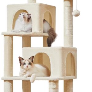 Taoqimiao Cat Tree, 61-Inch Cat Tower for Indoor Cats, Plush Multi-Level Cat Condo with 5 Scratching Posts, 2 Perches, 2 Caves, Hammock, 2 Pompoms, Beige MS013SM