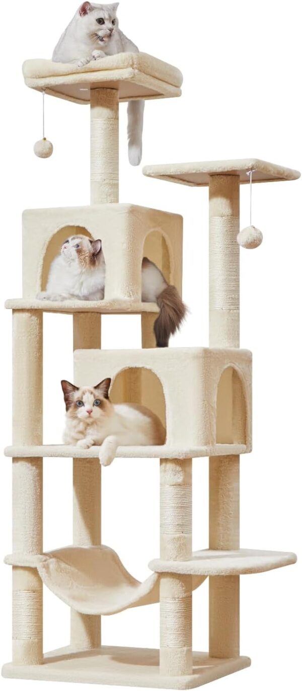 Taoqimiao Cat Tree, 61-Inch Cat Tower for Indoor Cats, Plush Multi-Level Cat Condo with 5 Scratching Posts, 2 Perches, 2 Caves, Hammock, 2 Pompoms, Beige MS013SM