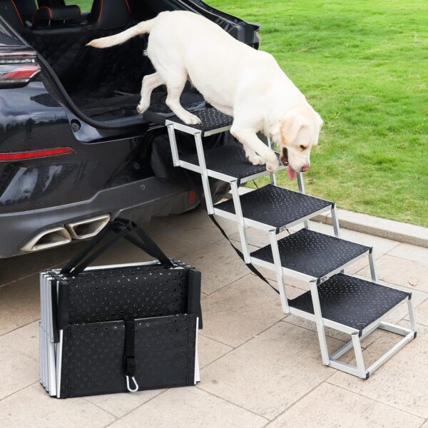 Uross Dog Stairs for Car 5 Steps - Collapsible Dog Steps Ramp for Car and SUV, Aluminum Dog Ramp Step Stairs for Large Dogs,Telescoping Dog Pet Step Stairs Ladder for Truck, High Bed