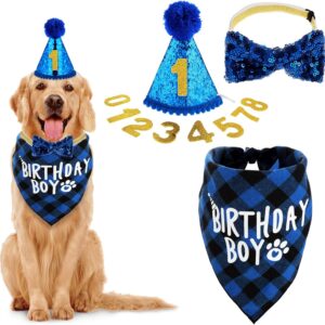 WLLHYF Dog Birthday Party Supplies, Birthday Boy Dog Bandana Set Birthday Hat with Numbers Dog Bow Tie for Small Medium Large Dogs Pets (XL Bandana)