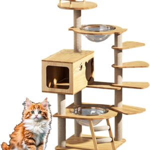 Wooden Cat Tower, Short-Footed Cat Cat Climbing Frame, 135cm Cat Nest, Sisal Cat Tree with Space Capsule, Hammock, Scratching Post and Toys And Multi-Layer Jumping Platform, for Indoor Cats