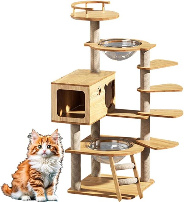 Wooden Cat Tower, Short-Footed Cat Cat Climbing Frame, 135cm Cat Nest, Sisal Cat Tree with Space Capsule, Hammock, Scratching Post and Toys And Multi-Layer Jumping Platform, for Indoor Cats