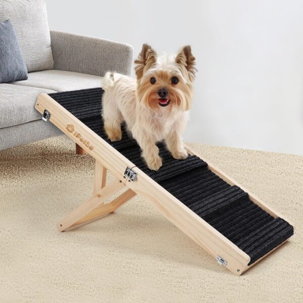 Wooden Folding Dog Ramp for Bed iPetba Non-Slip Adjustable Pet Ramp for Couch for Small Medium Doggie 33.1" Long 5 Levels H10.6 to 20.5" with 5 Paw Traction Mat Cat Ramps for Car Sofa (Up to 40 Lbs)