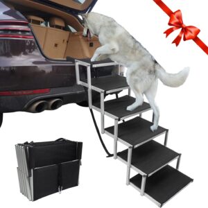 YEPHHO 6 Steps Dog Ramps for Large Dogs Sturdy and Lightweight Dog Stair Aluminum Foldable Dog Ramp Ladder with Nonslip Surface, Dog ramp for Cars, Pet Stair for Dogs to Get on Car,Truck, and SUV