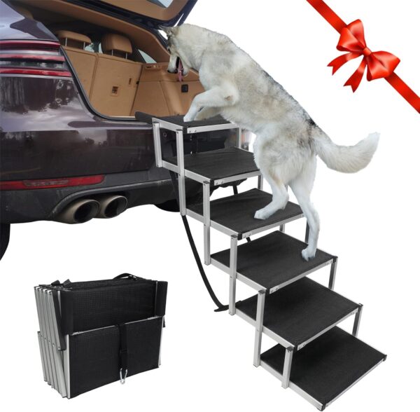 YEPHHO 6 Steps Dog Ramps for Large Dogs Sturdy and Lightweight Dog Stair Aluminum Foldable Dog Ramp Ladder with Nonslip Surface, Dog ramp for Cars, Pet Stair for Dogs to Get on Car,Truck, and SUV