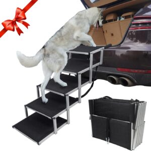 YEPHHO Dog Ramp for Large Dogs SUV, Sturdy and Lightweight Dog Stair Aluminum Foldable Dog Ramp Ladder with Nonslip Surface, Dog ramp for Cars, Pet stair 5 Steps for Dogs to Get on Bed, Truck, and SUV