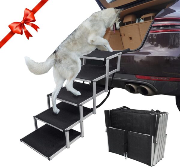 YEPHHO Dog Ramp for Large Dogs SUV, Sturdy and Lightweight Dog Stair Aluminum Foldable Dog Ramp Ladder with Nonslip Surface, Dog ramp for Cars, Pet stair 5 Steps for Dogs to Get on Bed, Truck, and SUV