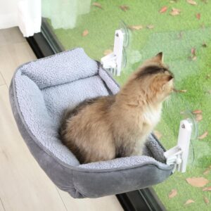 Zakkart Foldable Cat Hammock for Window with Bolster - Cordless, Fold-Up, Three-Side Bolstered Machine Washable Fluffy Bed, Robust Metal Frame - Cat Window Perch for Large Cats and Kittens - Gray