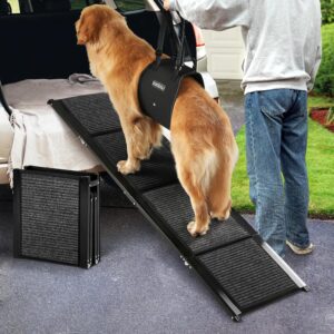 Zooba 67" Foldable Dog Ramp for SUV, Car, and Truck - 250 lbs Capacity, Anti-Slip Felt Surface, Wide Pet Ramp with Bonus Dog Lift Harness for Large Dogs - Durable and Portable