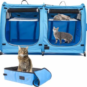 porayhut Mispace Portable Twin Compartment Show House Cat Cage/Condo - Easy to Fold & Carry Kennel - Comfy Puppy Home & Dog Travel Crate with Portable Carry Bag/Hammocks/Mats and Litter Box