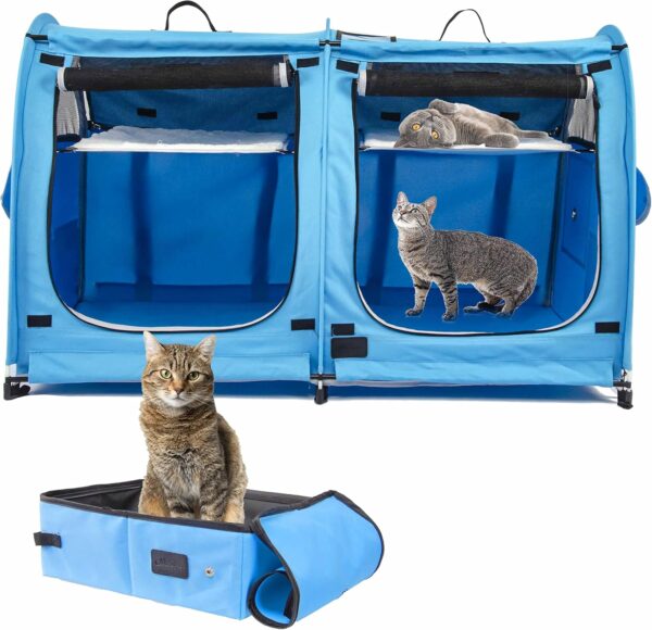 porayhut Mispace Portable Twin Compartment Show House Cat Cage/Condo - Easy to Fold & Carry Kennel - Comfy Puppy Home & Dog Travel Crate with Portable Carry Bag/Hammocks/Mats and Litter Box