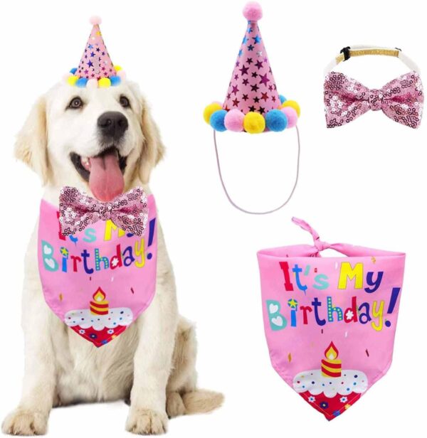 zukent Dog Birthday Bandana and Hat Cotton Triangle Scarf Birthday Party Supplies Headwear Caps for Pet Boy/Girl Pet Puppy Cat Grooming Supplies Celebration Birthday Decoration - Pink